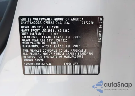 2019 Volkswagen Atlas 3.6L V6 Se W/Technology from USA, damaged, VIN 1V2UR2CA0KC557742